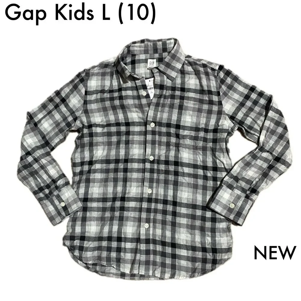 Gap Kids Size L (10) NWT Gray Black White Plaid Button Down Flannel Shirt Boys